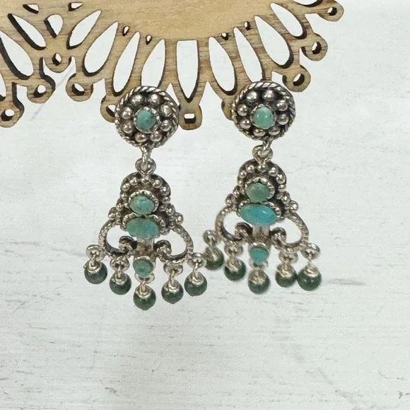 Vintage Elegant Sterling Silver and Turquoise Pirced Dangle Earrings - Picture 1 of 8
